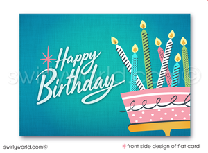 Celebrate your clients' special day with our exclusive retro mid-century modern Happy Birthday card. Featuring a vibrant cake with candles design, retro-style lettering, and classic MCM colors. Available as folded or flat cards, printed on thick card stock with matching envelopes. Upgrade to customized envelopes with your logo for a professional touch.
