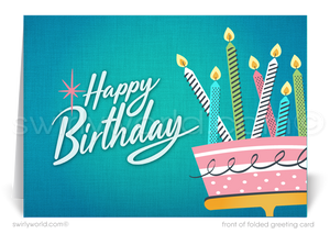 Celebrate your clients' special day with our exclusive retro mid-century modern Happy Birthday card. Featuring a vibrant cake with candles design, retro-style lettering, and classic MCM colors. Available as folded or flat cards, printed on thick card stock with matching envelopes. Upgrade to customized envelopes with your logo for a professional touch.