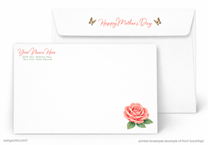 Mother's Day card with a pink rose and matching envelope on a white background