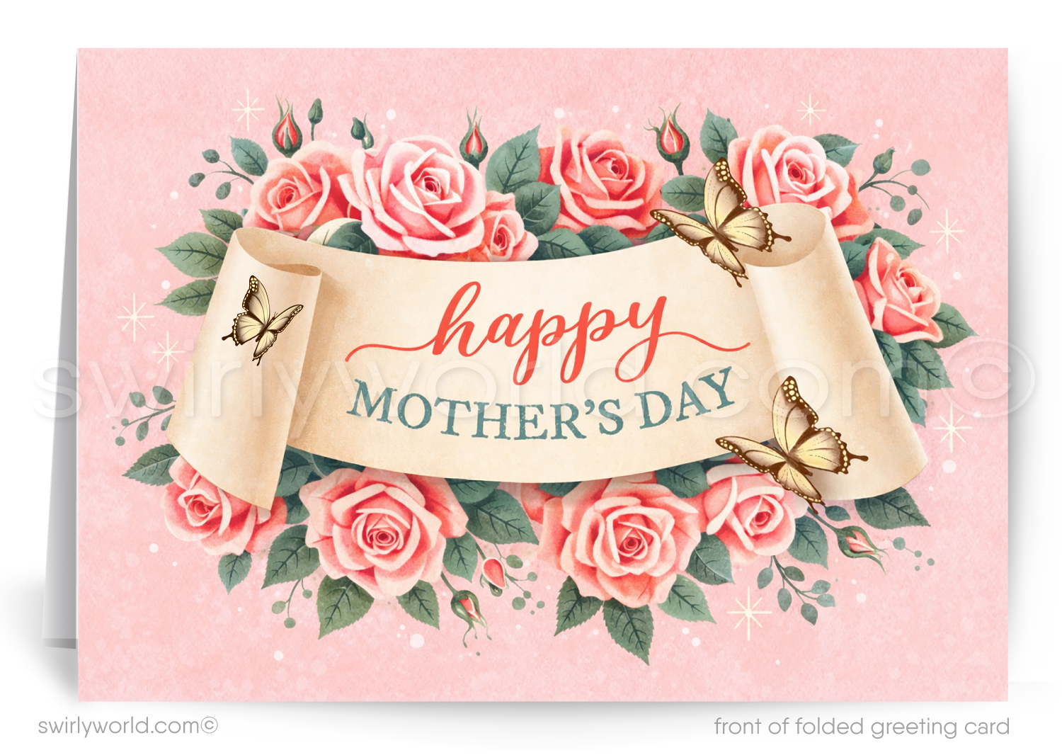 Greeting card with 'Happy Mother's Day' text surrounded by pink roses and butterflies on a pink background.
