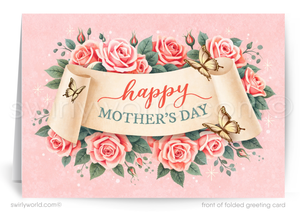 Greeting card with 'Happy Mother's Day' text surrounded by pink roses and butterflies on a pink background.