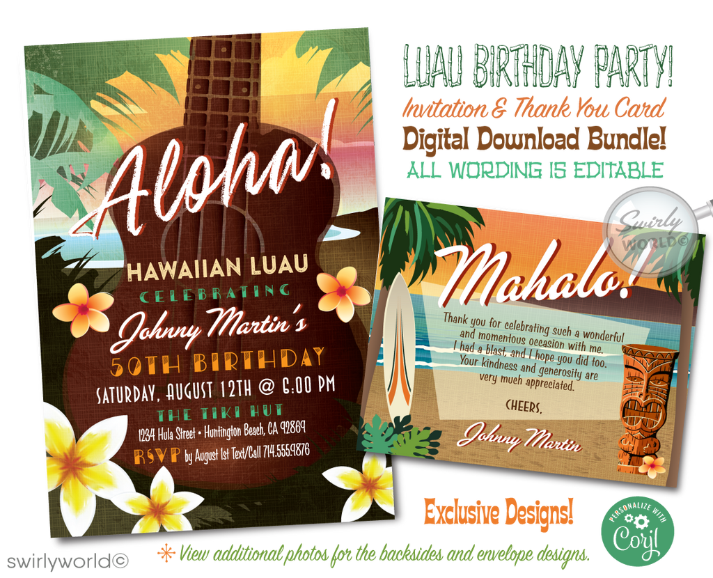 Dive into the vibrant world of retro surf culture with our Hawaiian Tiki Luau Surfer Birthday Party Invitation and Thank You Card Set! Inspired by the iconic imagery of the 1960s, these invitations transport you to a sun-soaked beach paradise where the waves are perfect and the vibes are tropical.