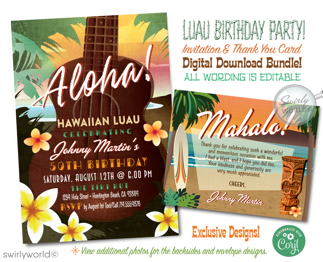 Dive into the vibrant world of retro surf culture with our Hawaiian Tiki Luau Surfer Birthday Party Invitation and Thank You Card Set! Inspired by the iconic imagery of the 1960s, these invitations transport you to a sun-soaked beach paradise where the waves are perfect and the vibes are tropical.