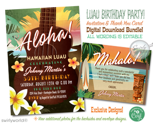 Dive into the vibrant world of retro surf culture with our Hawaiian Tiki Luau Surfer Birthday Party Invitation and Thank You Card Set! Inspired by the iconic imagery of the 1960s, these invitations transport you to a sun-soaked beach paradise where the waves are perfect and the vibes are tropical.