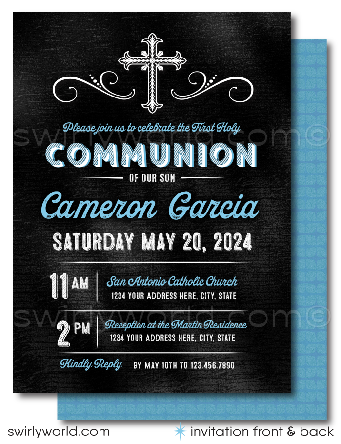 Introducing our Handsome First Holy Communion Invitation Set, the perfect selection for your son’s upcoming First Communion celebration. Designed with elegance and distinction, this set features rich blue tones set against a classic chalkboard background, creating a striking visual contrast that captures the solemnity of the occasion.