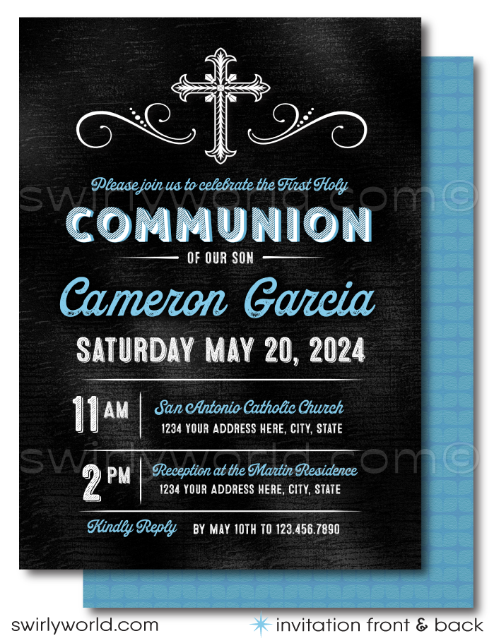 Introducing our Handsome and Cool Retro Modern First Holy Communion Invitation Set, the perfect selection for your son’s upcoming First Communion celebration. Designed with elegance and distinction, this set features rich blue tones set against a classic chalkboard background, creating a striking visual contrast that captures the solemnity of the occasion.