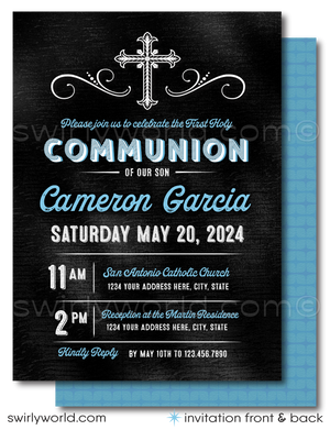 Introducing our Handsome First Holy Communion Invitation Set, the perfect selection for your son’s upcoming First Communion celebration. Designed with elegance and distinction, this set features rich blue tones set against a classic chalkboard background, creating a striking visual contrast that captures the solemnity of the occasion.