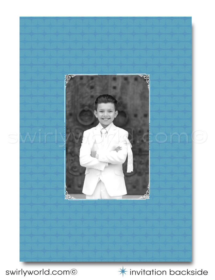 Introducing our Handsome and Cool Retro Modern First Holy Communion Invitation Set, the perfect selection for your son’s upcoming First Communion celebration. Designed with elegance and distinction, this set features rich blue tones set against a classic chalkboard background, creating a striking visual contrast that captures the solemnity of the occasion.