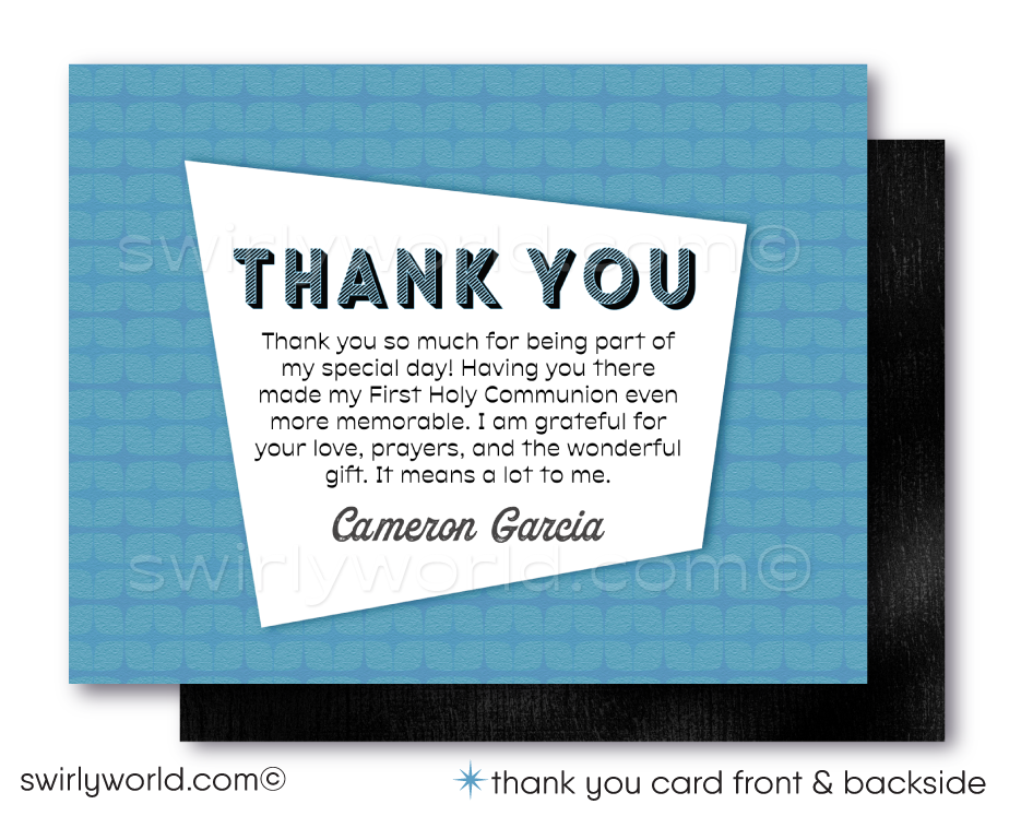 Cool Retro Modern First 1st Holy Communion Invitation and Thank You Card Digital Download