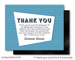 Cool Retro Modern First 1st Holy Communion Invitation and Thank You Card Digital Download