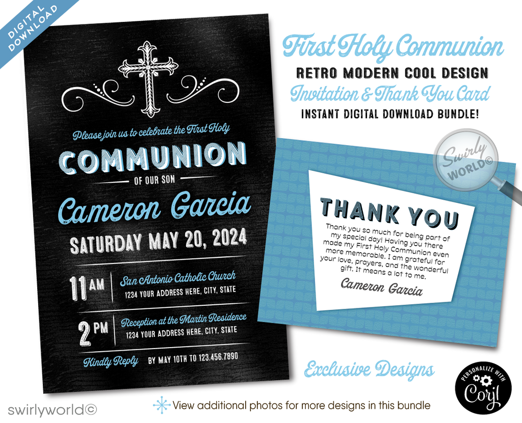 Introducing our Handsome First Holy Communion Invitation Set, the perfect selection for your son’s upcoming First Communion celebration. Designed with elegance and distinction, this set features rich blue tones set against a classic chalkboard background, creating a striking visual contrast that captures the solemnity of the occasion.