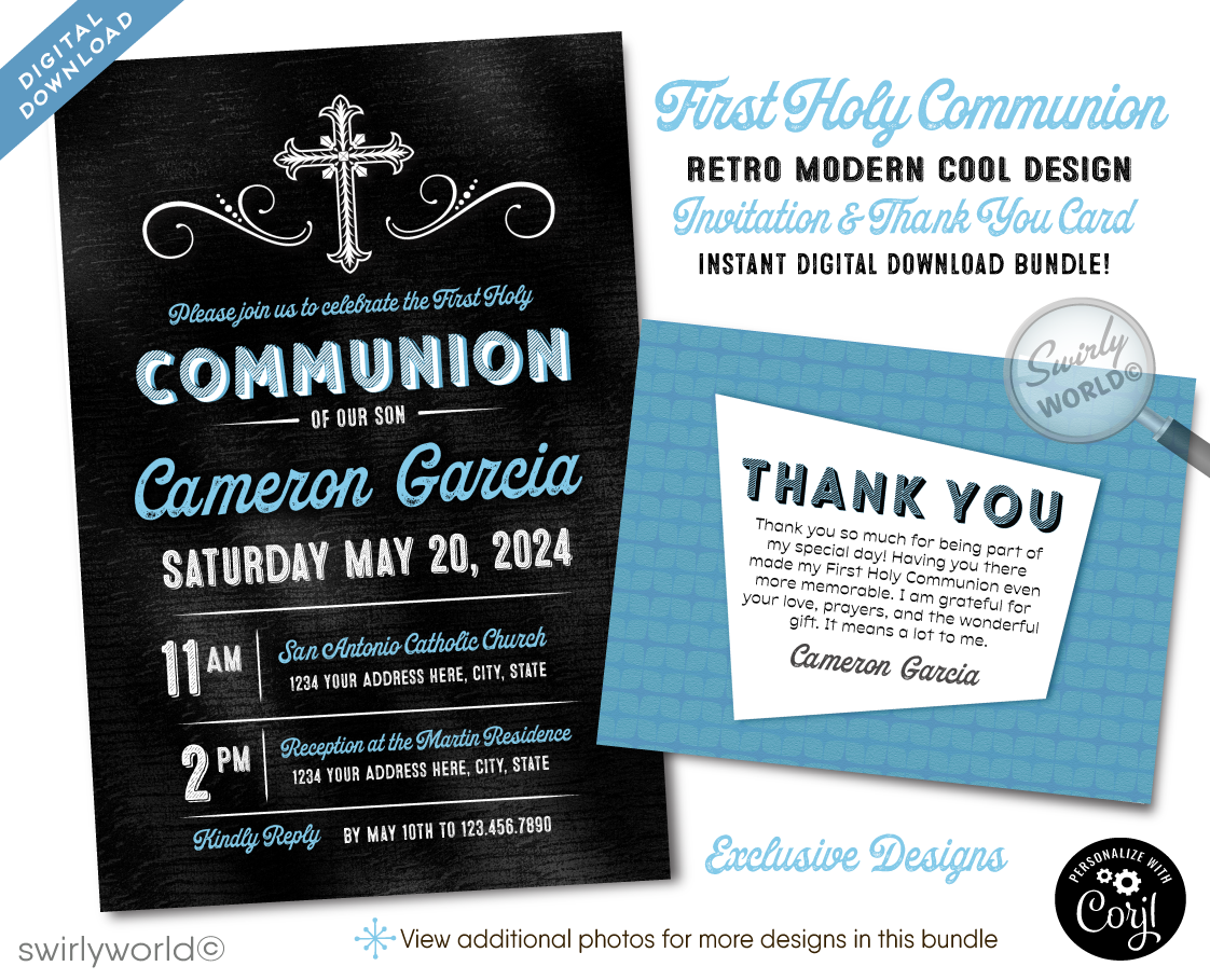 Introducing our Handsome First Holy Communion Invitation Set, the perfect selection for your son’s upcoming First Communion celebration. Designed with elegance and distinction, this set features rich blue tones set against a classic chalkboard background, creating a striking visual contrast that captures the solemnity of the occasion.