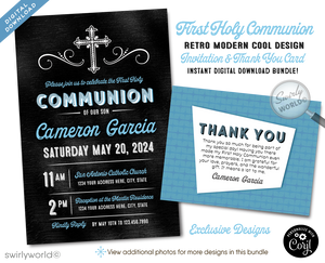 Introducing our Handsome First Holy Communion Invitation Set, the perfect selection for your son’s upcoming First Communion celebration. Designed with elegance and distinction, this set features rich blue tones set against a classic chalkboard background, creating a striking visual contrast that captures the solemnity of the occasion.