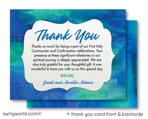 Celebrate First Holy Communion and Confirmation together with our dual sacrament invitation set. Featuring an ornate cross and modern blueish-green watercolor background, this editable template is perfect for joint celebrations. Ideal for Baptism, Communion, and Confirmation.