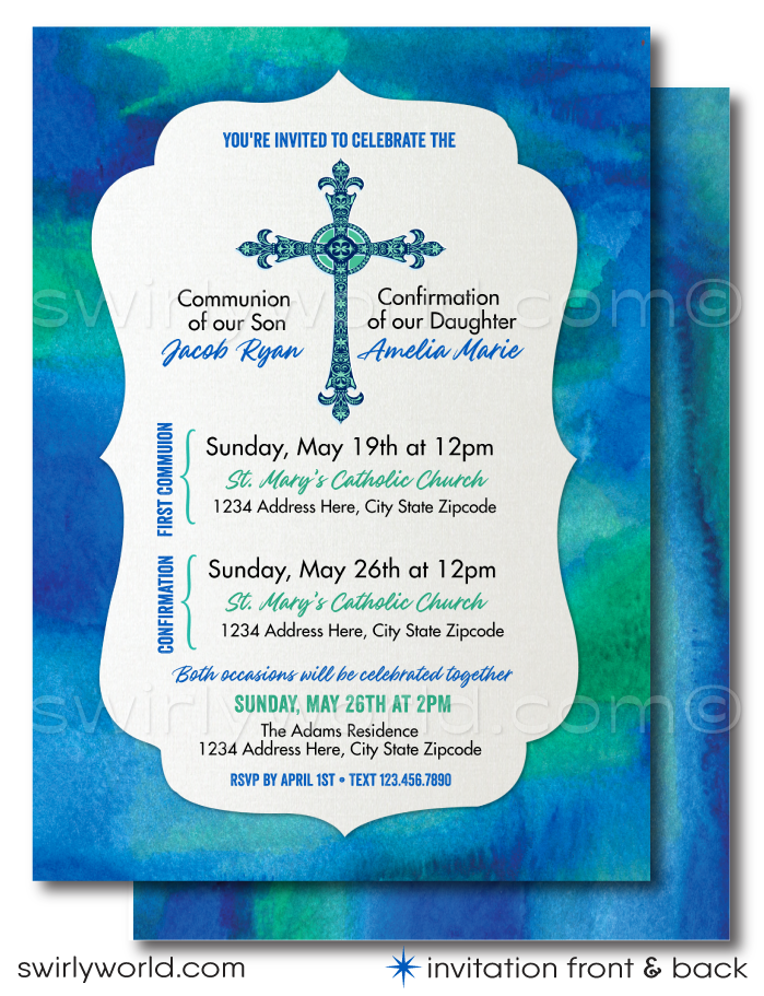 Celebrate First Holy Communion and Confirmation together with our dual sacrament invitation set. Featuring an ornate cross and modern blueish-green watercolor background, this editable template is perfect for joint celebrations. Ideal for Baptism, Communion, and Confirmation.