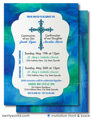 Celebrate First Holy Communion and Confirmation together with our dual sacrament invitation set. Featuring an ornate cross and modern blueish-green watercolor background, this editable template is perfect for joint celebrations. Ideal for Baptism, Communion, and Confirmation.