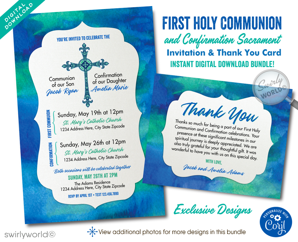 Celebrate First Holy Communion and Confirmation together with our dual sacrament invitation set. Featuring an ornate cross and modern blueish-green watercolor background, this editable template is perfect for joint celebrations. Ideal for Baptism, Communion, and Confirmation.