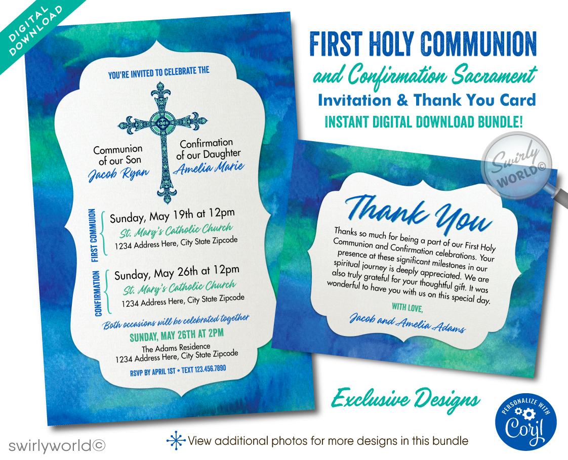 Celebrate First Holy Communion and Confirmation together with our dual sacrament invitation set. Featuring an ornate cross and modern blueish-green watercolor background, this editable template is perfect for joint celebrations. Ideal for Baptism, Communion, and Confirmation.