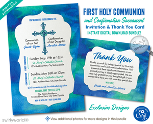 Celebrate First Holy Communion and Confirmation together with our dual sacrament invitation set. Featuring an ornate cross and modern blueish-green watercolor background, this editable template is perfect for joint celebrations. Ideal for Baptism, Communion, and Confirmation.