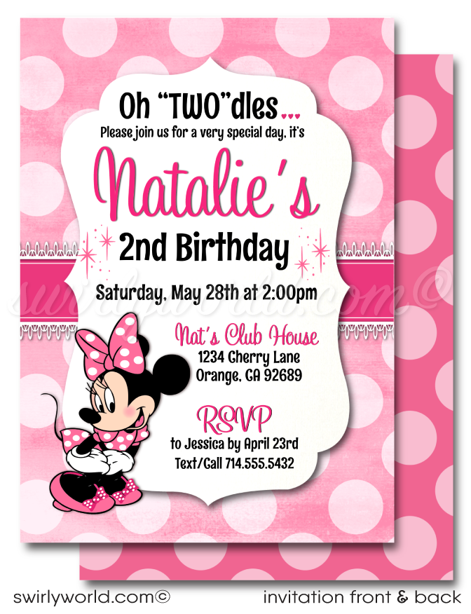 Dive into Disney magic with our Minnie Mouse themed Pink Polka-dot "Oh-Twodles" Birthday Party Invitation. Vintage retro design, whimsical fonts, and playful pink polka-dots capture Minnie's charm. Customizable with a photo option. Includes invitation, thank you card, and coordinating envelope template.