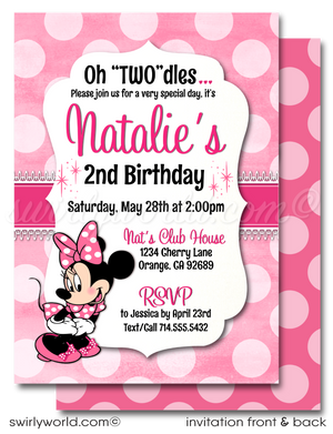 Dive into Disney magic with our Minnie Mouse themed Pink Polka-dot "Oh-Twodles" Birthday Party Invitation. Vintage retro design, whimsical fonts, and playful pink polka-dots capture Minnie's charm. Customizable with a photo option. Includes invitation, thank you card, and coordinating envelope template.