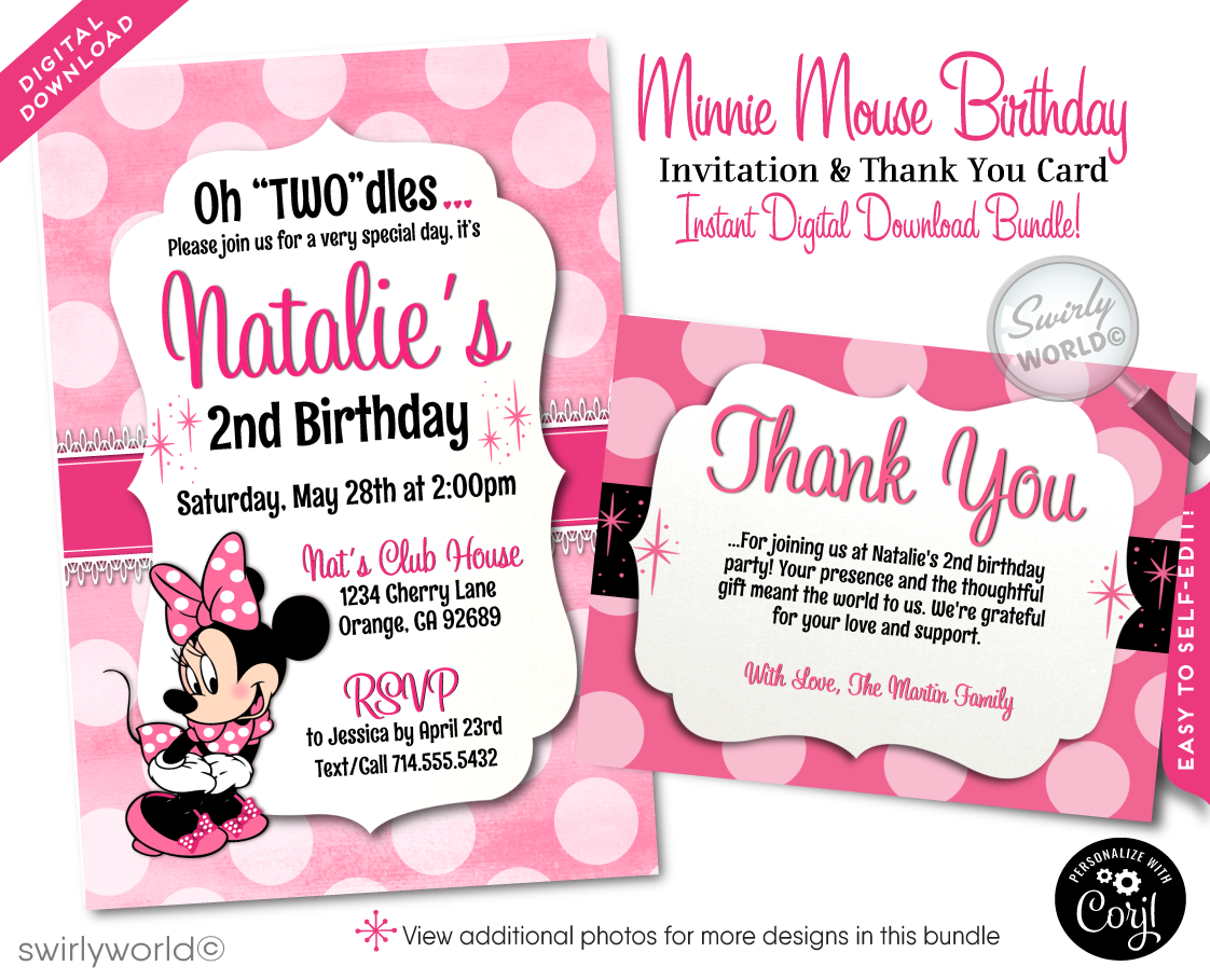 Retro Pink Polkadot Classic Minnie Mouse Birthday Party Invite Digital Download