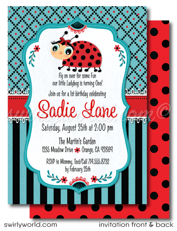 Retro Red Polka-dot Kitsch Vintage Ladybug 1st Birthday Party Invitation Digital Download