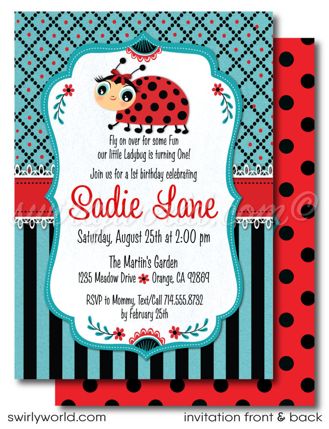 Celebrate your daughter's first year with our Ladybug 1st Birthday Invitation Design. Featuring retro kitsch ladybugs, shabby chic patterns, and vintage fonts, this charming set includes invitations, thank you cards, and matching envelopes. Crafted with care, it promises a memorable celebration filled with love and laughter.