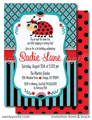Celebrate your daughter's first year with our Ladybug 1st Birthday Invitation Design. Featuring retro kitsch ladybugs, shabby chic patterns, and vintage fonts, this charming set includes invitations, thank you cards, and matching envelopes. Crafted with care, it promises a memorable celebration filled with love and laughter.