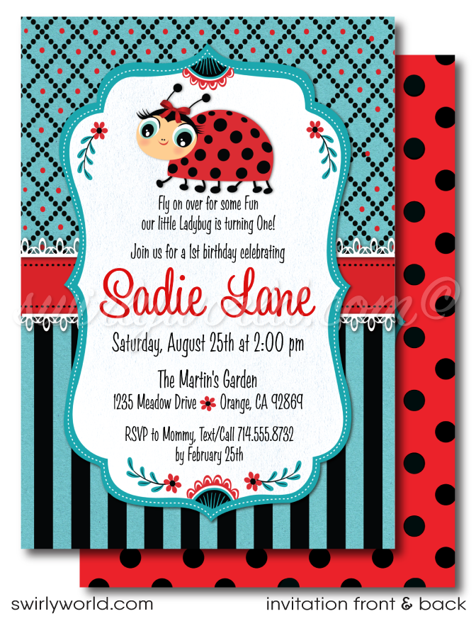 Retro Red and Black Polka-dot Kitsch Vintage Ladybug 1st Birthday Party Invitation for Girls