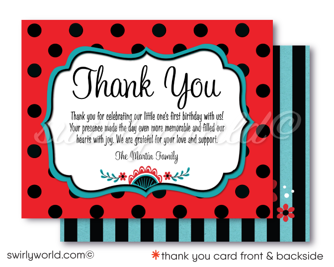 Celebrate your daughter's first year with our Ladybug 1st Birthday Invitation Design. Featuring retro kitsch ladybugs, shabby chic patterns, and vintage fonts, this charming set includes invitations, thank you cards, and matching envelopes. Crafted with care, it promises a memorable celebration filled with love and laughter.