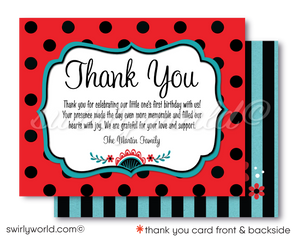 Celebrate your daughter's first year with our Ladybug 1st Birthday Invitation Design. Featuring retro kitsch ladybugs, shabby chic patterns, and vintage fonts, this charming set includes invitations, thank you cards, and matching envelopes. Crafted with care, it promises a memorable celebration filled with love and laughter.