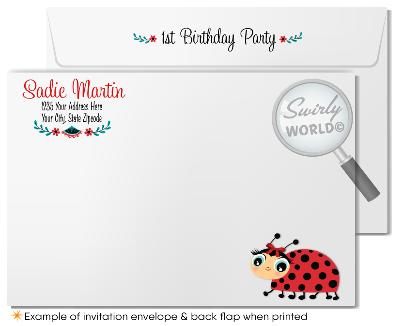 Retro Red and Black Polka-dot Kitsch Vintage Ladybug 1st Birthday Party Invitation for Girls