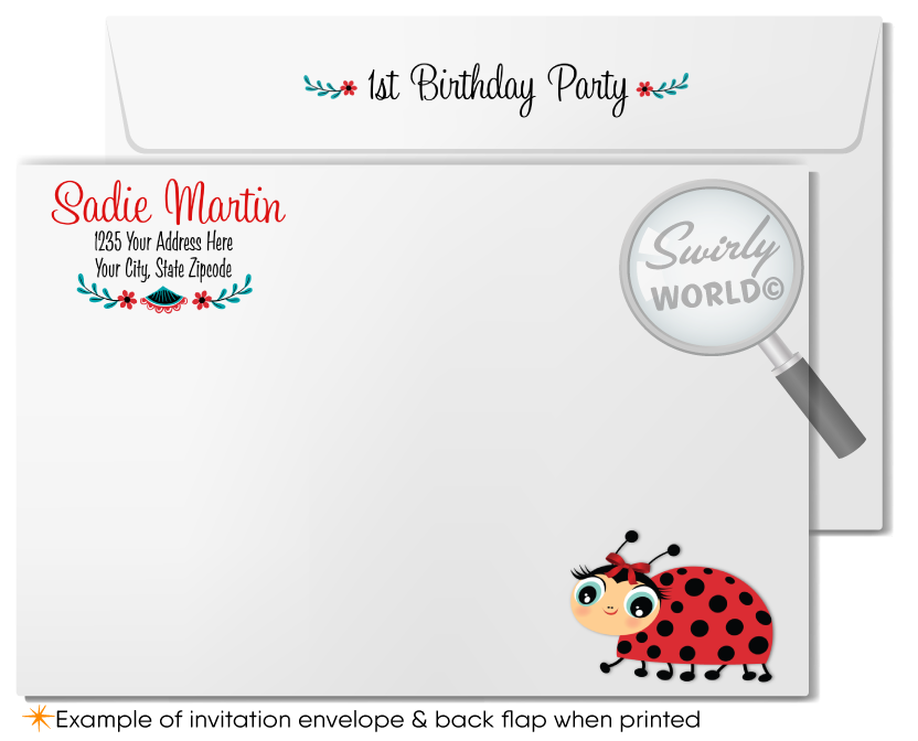 Celebrate your daughter's first year with our Ladybug 1st Birthday Invitation Design. Featuring retro kitsch ladybugs, shabby chic patterns, and vintage fonts, this charming set includes invitations, thank you cards, and matching envelopes. Crafted with care, it promises a memorable celebration filled with love and laughter.