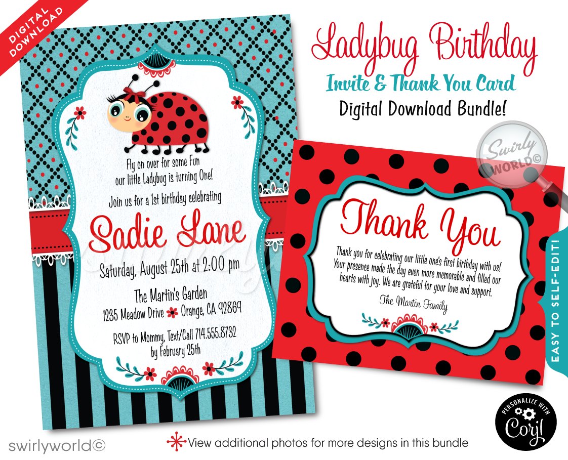 Celebrate your little ladybug's first milestone with our Ladybug Theme Invitation Set. This digital download features charming red and black polkadot ladybugs against a shabby chic vintage background. Includes invitations, thank you cards, and matching envelopes. Customize easily with Corjl. Perfect for a memorable first birthday!