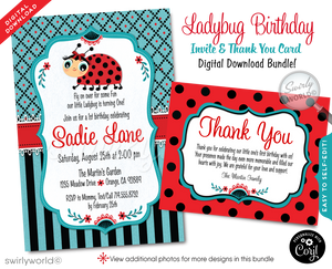 Celebrate your little ladybug's first milestone with our Ladybug Theme Invitation Set. This digital download features charming red and black polkadot ladybugs against a shabby chic vintage background. Includes invitations, thank you cards, and matching envelopes. Customize easily with Corjl. Perfect for a memorable first birthday!