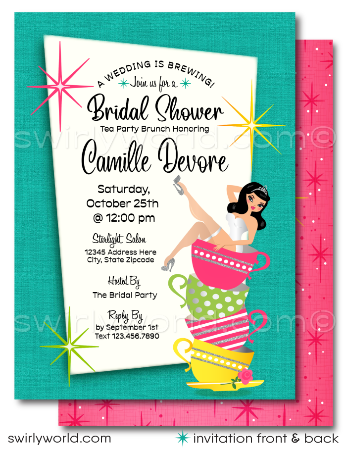 Step into a world where retro charm meets bridal elegance with our Tea Party Bridal Shower Brunch Invitation and Thank You Card Digital Download set. This swoon-worthy collection is a nod to the whimsical and vibrant spirit of the 1950s, featuring a beguiling pinup bride perched gracefully atop a stack of shabby chic vintage tea cups.