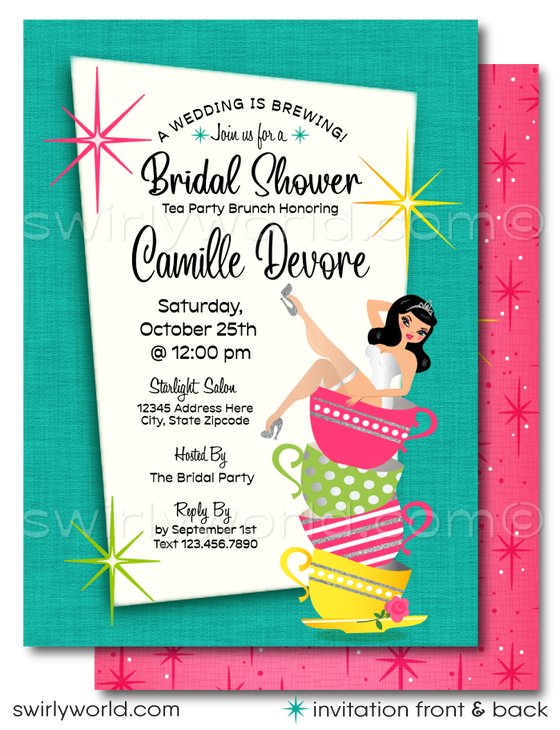 Step into a world where retro charm meets bridal elegance with our Tea Party Bridal Shower Brunch Invitation and Thank You Card Digital Download set. This swoon-worthy collection is a nod to the whimsical and vibrant spirit of the 1950s, featuring a beguiling pinup bride perched gracefully atop a stack of shabby chic vintage tea cups.