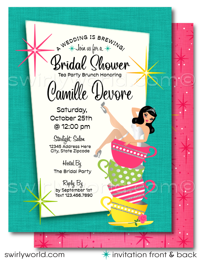 Step into a world where retro charm meets bridal elegance with our Tea Party Bridal Shower Brunch Invitation and Thank You Card invitation set. This swoon-worthy collection is a nod to the whimsical and vibrant spirit of the 1950s, featuring a beguiling pinup bride perched gracefully atop a stack of shabby chic vintage tea cups.