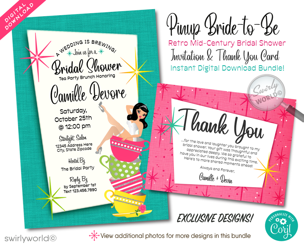 Step into a world where retro charm meets bridal elegance with our Tea Party Bridal Shower Brunch Invitation and Thank You Card Digital Download set. This swoon-worthy collection is a nod to the whimsical and vibrant spirit of the 1950s, featuring a beguiling pinup bride perched gracefully atop a stack of shabby chic vintage tea cups.