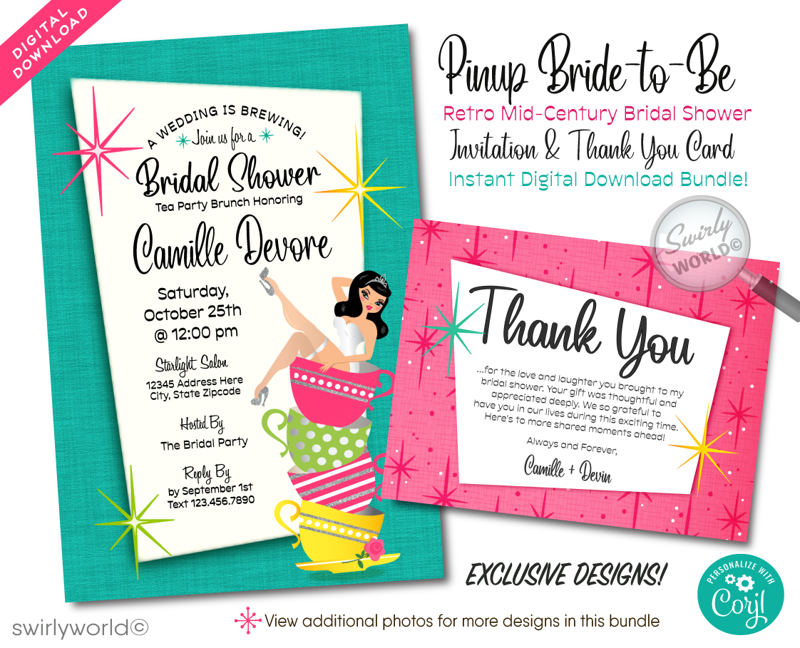Step into a world where retro charm meets bridal elegance with our Tea Party Bridal Shower Brunch Invitation and Thank You Card Digital Download set. This swoon-worthy collection is a nod to the whimsical and vibrant spirit of the 1950s, featuring a beguiling pinup bride perched gracefully atop a stack of shabby chic vintage tea cups.