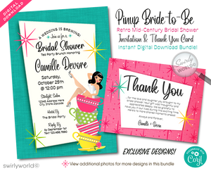 Step into a world where retro charm meets bridal elegance with our Tea Party Bridal Shower Brunch Invitation and Thank You Card Digital Download set. This swoon-worthy collection is a nod to the whimsical and vibrant spirit of the 1950s, featuring a beguiling pinup bride perched gracefully atop a stack of shabby chic vintage tea cups.