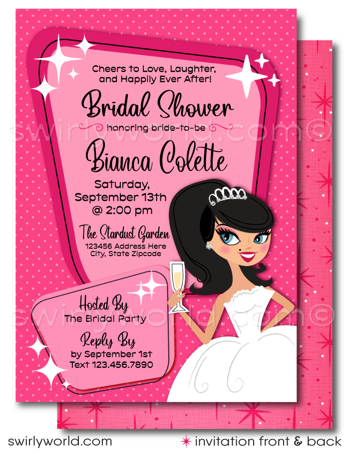 Step into a world of timeless elegance and whimsical charm with our Retro Atomic Mid-Century Modern Bridal Shower Digital Invitation and Thank You Card Design. This exquisite set, inspired by the enchanting 1950s-1960s era, captures the essence of mid-century modern aesthetics splendidly. At the heart of the design is a beguiling blushing bride-to-be pinup girl, gracefully toasting a champagne glass