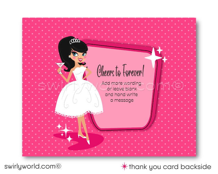 Step into a world of timeless elegance and whimsical charm with our Retro Atomic Mid-Century Modern Vintage Bridal Shower Pinup Girl Printed Invitation and Thank You Card Design. This exquisite set, inspired by the enchanting 1950s-1960s era, captures the essence of mid-century modern aesthetics splendidly.