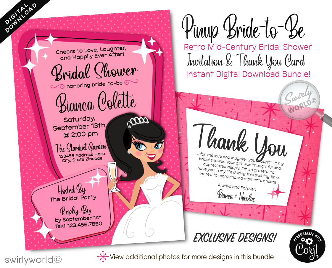 Step into a world of timeless elegance and whimsical charm with our Retro Atomic Mid-Century Modern Bridal Shower Digital Invitation and Thank You Card Design. This exquisite set, inspired by the enchanting 1950s-1960s era, captures the essence of mid-century modern aesthetics splendidly. At the heart of the design is a beguiling blushing bride-to-be pinup girl, gracefully toasting a champagne glass
