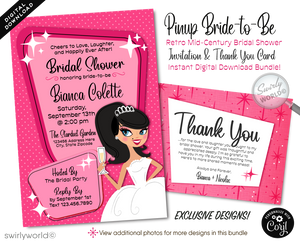 Step into a world of timeless elegance and whimsical charm with our Retro Atomic Mid-Century Modern Bridal Shower Digital Invitation and Thank You Card Design. This exquisite set, inspired by the enchanting 1950s-1960s era, captures the essence of mid-century modern aesthetics splendidly. At the heart of the design is a beguiling blushing bride-to-be pinup girl, gracefully toasting a champagne glass