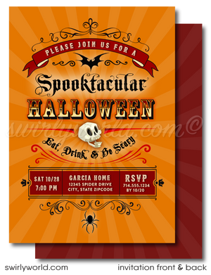 Elevate your Halloween party with Swirly World's "Boos and Booze" Cocktail Party invitations! This chic, vintage-inspired design blends retro charm and captivating typography, perfect for an adults-only celebration. Customize easily and share through print, text, email, or e-vite. Make your event unforgettable!