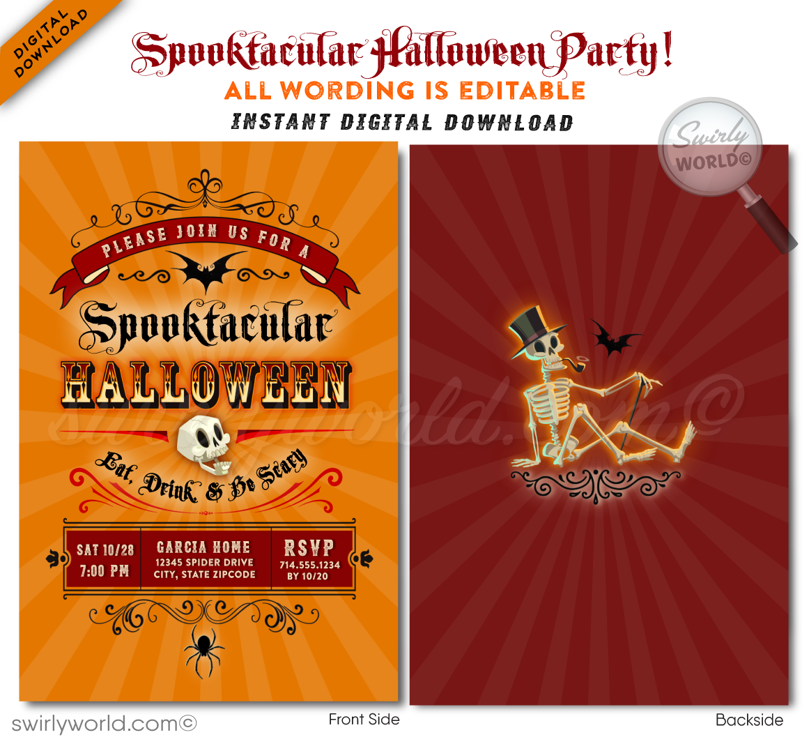 Elevate your Halloween party with Swirly World's "Boos and Booze" Cocktail Party invitations! This chic, vintage-inspired design blends retro charm and captivating typography, perfect for an adults-only celebration. Customize easily and share through print, text, email, or e-vite. Make your event unforgettable!