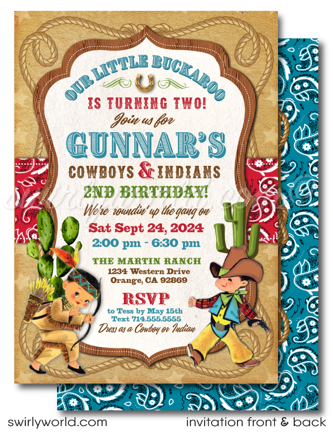 Vintage 1950s Cowboys and Indians Country Western Buckaroo Birthday Invitations for Boys
