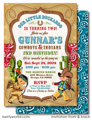 Vintage 1950s Cowboys and Indians Country Western Buckaroo Birthday Invitations for Boys
